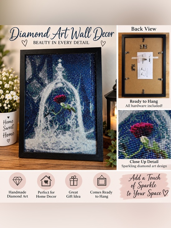 Handcrafted Other - Diamond Art Wall Decor - Framed Red Rose Design